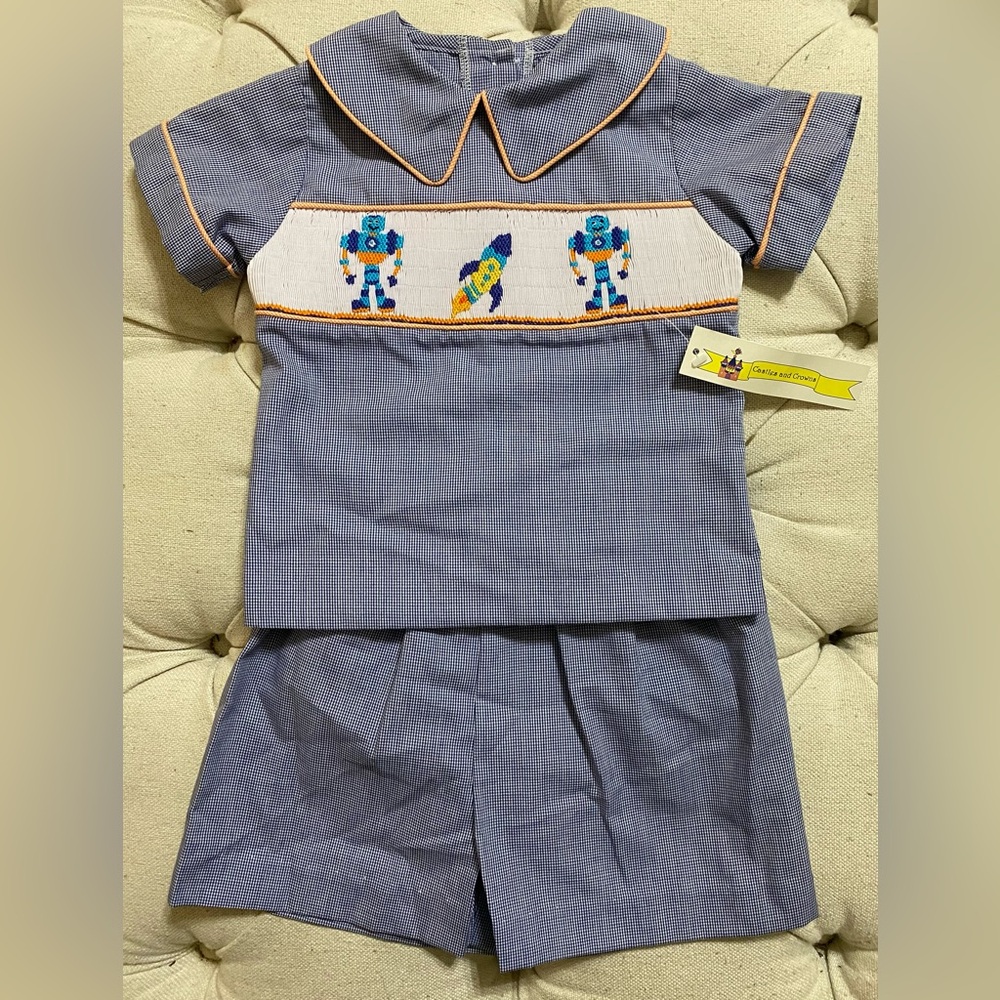 SMOCKED Kids Robot Embroidered Set in Blue by Castles and Crowns